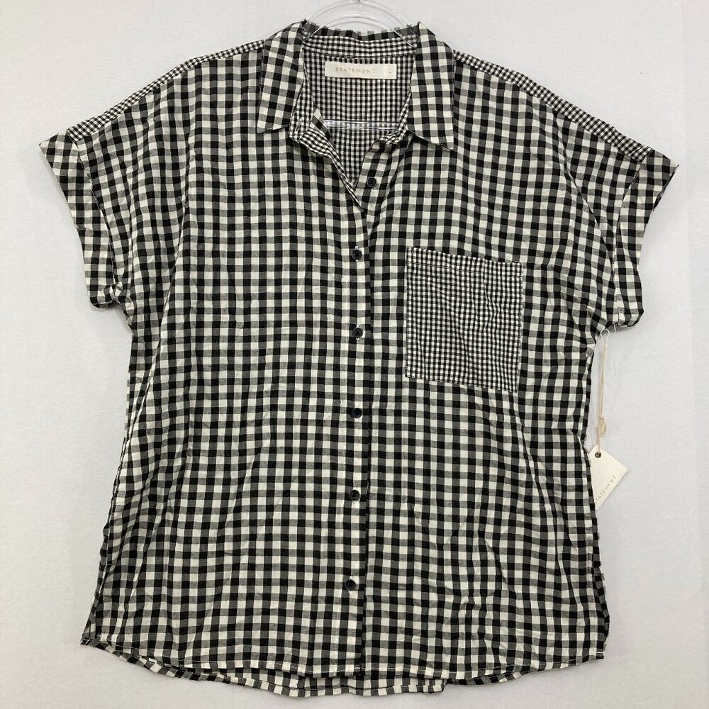 New Statement Large Black White Gingham Plaid Soft Comfy Short‎ Sleeve Button Up